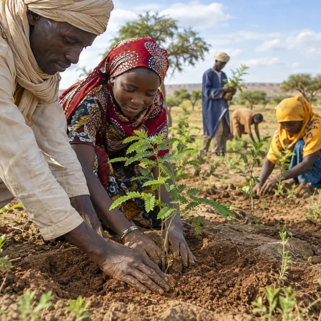 Community members planting trees in Niger